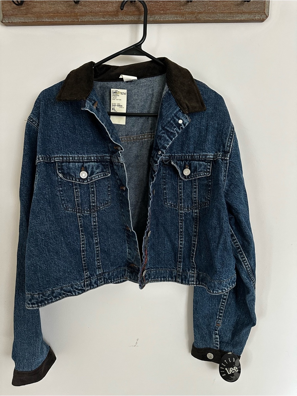 Vintage Lee Women's Dark Denim Jacket- Brown Corduroy Collar & Floral Detailing